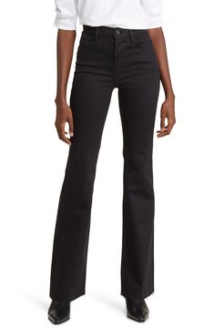 Raw hems relax the style of these high-rise, full-length flare jeans made from soft, lightweight stretch denim in a jet-black wash. 30" inseam; 21" leg opening;10 1/2" front rise; 14" back rise (size 29) 77% cotton, 14% rayon, 6% polyester, 3% elastane Machine wash, tumble dry Made in Turkey Modern Black Mid-rise Flare Jeans, Black Denim Wide Leg Flares, Chic High Rise Black Flares, Chic Mid-rise Black Flares, Black Flare Jeans For Work, High Rise Black Flares For Fall, Spring High Rise Black Flares, Chic Black Mid-rise Flares, Modern Black Flare Jeans For Spring