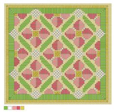 a cross stitch pattern with hearts and squares on the bottom, in pink, green, yellow