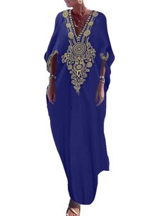 PRICES MAY VARY. Long caftan dress fit US Size M, L, XL, XXL,3XL Bust: 63"(approx. 160cm) Length: 53.9"(approx. 137cm) Short sleeve kaftan, gold embroidery V Neck, stylish and elegant Loose design and side split for an easy fit, cotton kaftan dresses for women Cover up dress for hanging out at the beach, pool, or around the home, tunic maxi dress style As evening wear, summer wear, daily wear, lounging at home, or even sleepwear Feature:
 Material: Viscose
 Style: Bohemian, Casual
 Sleeve: Half Floral Embroidered Kaftan For Beach Cover-up, V-neck Maxi Dress For Beach Eid, V-neck Thobe For Eid Vacation, Embroidered Long Sleeve Kaftan For Beach Cover-up, Embroidered Maxi Dress For Beach Eid, Elegant Embroidered Kaftan For Vacation, Traditional V-neck Dress For Beach Season, Embroidered Maxi Length Thobe For Beach, Floral Embroidered Maxi Dress For Beach On Eid