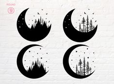 three phases of the moon with trees and stars on them, in front of a white brick wall