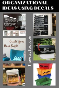 there are many different types of mailboxes in this collage with the words, organization and ideas using decals