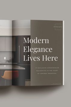 an open book with the title modern elegance lives here