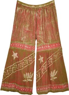 A cute pair of XL to 1X size only wide leg palazzo pants in crushed fabric, these cool loose fit bohemian pants are lightweight and ideal for summer parties and music fests.  The chic pink and green floral print on brown cotton fabric look cool and unique. #tlb #SplitSkirtsPants #XLPlus #beachwrap #XLsizewidelegpants Summer Festival Wide-leg Harem Pants, Summer Hippie Pants With Boho Print, Summer Boho Print Wide-leg Harem Pants, Bohemian Festive Harem Bottoms, Brown Bohemian Pants For Festival, Bohemian Brown Pants For Festival, Green Flowy Bohemian Bottoms, Bohemian Flowy Green Bottoms, Flowy Green Bohemian Bottoms