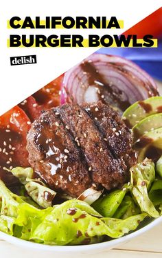 a hamburger bowl with lettuce, onions and tomatoes on it is shown in front of the caption california burger bowls