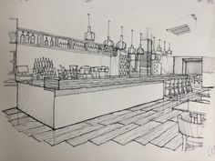 a drawing of a bar with bottles on the counter