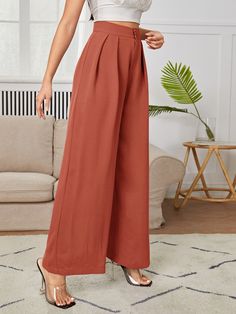 Naranja Quemada Elegante Collar  Tela tricotada Liso Pierna ancha Embellished No-Elástico Primavera/Verano/Otoño Orange Bell Bottoms Outfit, Bell Bottoms Outfit, Khaki Fashion, Women Pants, Color Khaki, Black Border, Wide Leg Trousers, High Waisted Pants, Bell Bottoms