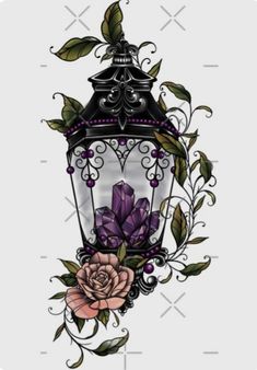 an old fashioned street light with flowers and leaves on the front, hanging from it's side