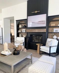 a living room filled with furniture and a fire place in the middle of a room