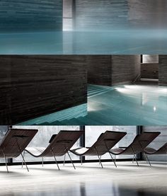 four different shots of chairs in front of an indoor swimming pool with water running through it