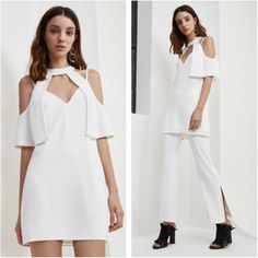 Nwt C/Meo Collective - Cameo Collective - No Reason Ivory White Cold Shoulder Mock Neck Cape Sleeve Layer Dress. Dress Features Sweetheart Neckline, Adjustable Straps, Mock Neck Collar, And Fluttering Cold Shoulder / Open Shoulder Cape Short Sleeves / Layers That Hang Down From The Collar. Dress Can Be Worn As A Dress Or As A Tunic / Dress Over Pants. Reaches Mid Thigh. Fits Size 2, Size, 3, Size 4. Spring Elegant Mini Dress With Cutaway Shoulders, Elegant Spring Mini Dress With Cutaway Shoulders, Elegant Summer Mini Dress With Cutaway Shoulders, Spring Fitted Midi Dress With Cutaway Shoulders, Fitted Midi Dress With Cutaway Shoulders For Spring, Fitted Summer Dress With Cutaway Shoulders, Spring Date Night Dress With Cutaway Shoulders, Cocktail Mini Dress With Cutaway Shoulders, Elegant Off-white Mini Dress For Day Out