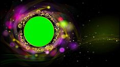 a green circle surrounded by lights on a black background with stars and swirls around it