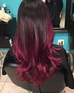 Pink balayage Gamora Hair Color, Black Pink Balayage, Black And Pink Balayage, Dark Pink Highlights In Black Hair, Hot Pink Balayage Brunette, Magenta Hair Balayage, Fuschia Balayage, Pink Balayage Black Hair, Gamora Hair