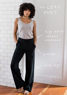 YALA Lexi Pant, made from organic cotton and bamboo ultra stretch fabric. Wide leg, high waisted, pockets, looks chic, feels super comfy. Stretch Wide-leg Pants With Welt Pockets, Wide Leg Pants With Welt Pockets And Relaxed Fit, Relaxed Fit Wide Leg Pants With Welt Pockets, Chic Non-stretch Everyday Pants, Wide Leg Pants With Pockets And 4-way Stretch, Non-stretch Wide Leg Bottoms For Everyday, Stretch Cotton Wide Leg Pants With Comfort Waistband, Wide Leg Pants With Hip Pockets, Modern Wide Leg Bottoms With Elastic Waistband