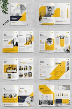 the yellow and white brochure is open to reveal an image