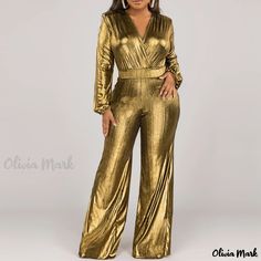 Olivia Mark - Seductive High Neck Bodycon Jumpsuit with Long Sleeves and Wide-Leg Design Gold Stretch Jumpsuit For Night Out, Gold Stretch Jumpsuits And Rompers For Party, Glamorous Gold V-neck Jumpsuits And Rompers, Gold Fitted Long Sleeve Jumpsuit/romper, Gold Long Sleeve Bodysuit For Night Out, Elegant Gold Bodysuit, Gold Elegant Bodysuit, Chic Gold Party Bodysuit, Glamorous Fitted Gold Jumpsuits And Rompers