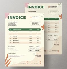 two invoices are sitting on top of each other, one is green and the other is pink