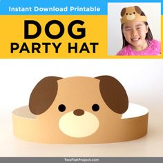 a cardboard dog party hat with a photo of the dog on it