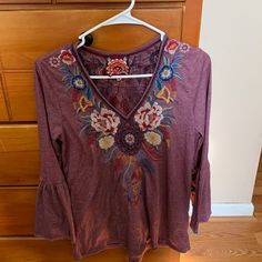 Size Medium Johnny Was , Cotton, Embroidered Shirt. Never Worn! Long Sleeve Cotton Top With Tonal Embroidery, Long Sleeve Cotton Top With Embroidered Hem, Long Sleeve Cotton Tops With Embroidered Hem, Casual V-neck Embroidered Top With Multicolor Embroidery, Summer Long Sleeve Tops With Tonal Embroidery, Casual Embroidered Long Sleeve Tops, Long Sleeve Tops With Tonal Embroidery For Summer, Cotton Bell Sleeve Tops For Fall, Bohemian Embroidered Long Sleeve Tops