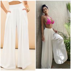 Beautiful White Flowing Pants - Boutique Top Seller Either Winter White Or Summer White These Pants Will Be Perfect Non-Stretch Waistband Wide Leg - Non See Through! Easy Care Fabric Content: 100% Polyester Multiple Sizes Large Measurements = L-43 W14-I.S 29 Runs True To Size But Length Is 43 On All Pair White Beach Pants With Elastic Waistband, White Pants With Elastic Waistband For Beach, White Full Length Wide Leg Pants For Beach, Elegant Beach Pants With Elastic Waistband, High Waist Pants With Pockets For Beach Season, High-waisted Pants With Pockets For Beach Season, White Full-length Wide Leg Pants For Day Out, Fitted Wide Leg Pants For Vacation, White Full Length Wide Leg Pants For Day Out