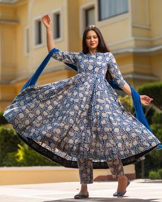 Bagru Print Blue Colored Dress Set - www.riafashions.com Mukesh Work, Long Kurta, Bagru Print, Anarkali Kurta, Online Shopping India, Chiffon Dupatta, Kurta With Pants, Pant Length, Dress Set