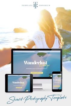 the website for wanderhust is displayed on multiple devices and in front of an ocean view