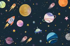 an image of space themed wallpaper with planets and rockets in the sky at night