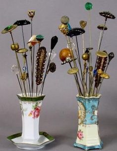 VINTAGE HAT PINS AND PORCELAIN HAT PIN HOLDERS