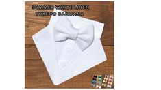 "Summer white linen tuxedo dog bandana for weddings or any fun, business casual, summer attire event. White linen tuxedo with white \"shirt\" and white linen bow tie. White buttons on white shirt. This is an Over the Collar bandana. Insert your dog's collar through the opening at the top of the bandana. The width of the bandana is about half of the dog's neck size. Custom made in the dog neck size that you choose. The size of the tuxedo and the bow tie will be proportionate with your dog's neck size. Collar opening (slide your collar into the opening): 7\"~10\" fits up to a 5/8 inch wide dog collar  11\"~14\" fits up to a 3/4 inch wide dog collar  15\"~18\" fits up to a 1 inch wide dog collar  19\"~25\" fits up to a 1 inch dog wide collar  Please note-------the dog collar shown in the pict Fun Business Casual, Linen Tuxedo, Dog Tux, Ring Bearer Dog, Dog Tuxedo, Linen Wedding, Summer Beach Wedding, Dog Ring, Summer Attire