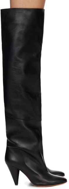 Thigh-high buffed lambskin boots in black. · Covered heel · Logo hardware at calfskin sole · Heel: H4.75 Supplier color: Black Luxury Black Calf Leather Knee-high Boots, Black Calf Leather Knee-high Boots With Leather Sole, Luxury Black Knee-high Boots With Leather Lining, Black Calf Leather Knee-high Boots With Reinforced Heel, Black Knee-high Calf Leather Heeled Boots, Black Calf Leather Knee-high Boots With Sculpted Heel, Black Knee-high Boots With Sculpted Heel In Calf Leather, Black Knee-high Calf Leather Boots With Sculpted Heel, Black Luxury Knee-high Boots For Fall