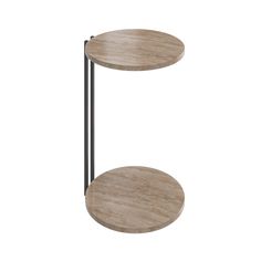 two tiered wooden table with black metal legs on an isolated white background, side view