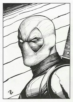 a black and white drawing of a man in armor