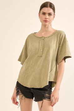 Easy Fit Vintage-Wash Exposed-Seam Henley Tee - ShopPromesa Summer Cotton Henley With Buttons, Green Cotton Henley Neckline Top, Green Cotton Top With Henley Neckline, Spring Linen Tops, Exposed Seams, Henley Tee, Vintage Canvas, Knitted Tshirt, Raw Edge