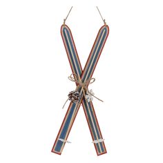 two snow skis tied up with twine and pineconi on top, against a white background