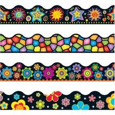 three colorful borders with flowers, stars and circles on black background stock photo - budget conscious