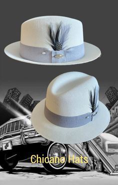 "Frank Garcia traditional  White fine finish  fedora lowrider hat made of 100% woven finest cotton string comes with a Khaki band. Also comes with a silk inside liner, real rooster feather, pearl pin and hat pendant. 2\" brim." Classic Adjustable Gray Hat Band, Adjustable Flat Bill Panama Hat For Kentucky Derby, Custom Adjustable Panama Hat With Short Brim, White Flat Bill Fedora For Kentucky Derby, Gray Adjustable Flat Brim Fedora, Gray Fedora With Curved Brim For Summer, Adjustable Gray Fedora For Summer, Adjustable Toquilla Straw Hat Bands, Adjustable Fitted Hat With Short Brim For Summer