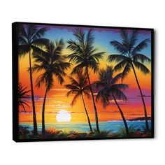 a painting of palm trees at sunset