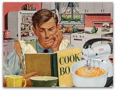 a man reading a cook book while holding a bowl of soup in front of him