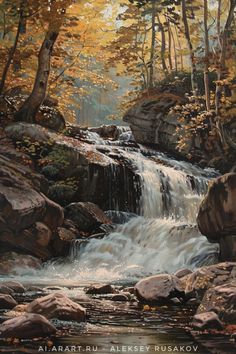 a painting of a waterfall in the woods