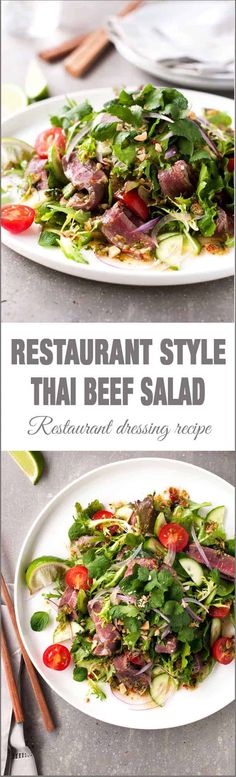 two plates with different types of food on them and the words restaurant style thai beef salad