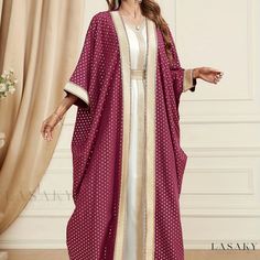 Lasaky - Chic Two-piece Set: Polka Dot Contrast Lace Open Front Maxi Kaftan Dress and V Neck Elegant Maxi Dress Outfits for Women Open Abaya Style, Fancy Abaya, Open Abaya, Maxi Kaftan, Moroccan Kaftan, Dubai Luxury, Abaya Style, Maxi Dress Outfit, Elegant Maxi Dress