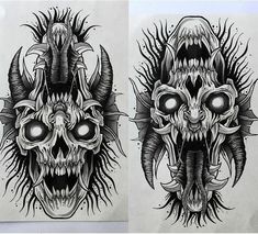 two drawings of skulls with horns on them