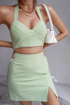 Crop Top Suit, Slim Fit Skirts, Short Pollera, Camisole Set, Crop Top Skirt, Plaid Mini Skirt, Plaid Skirt, Mini Dresses Summer, Green Skirt