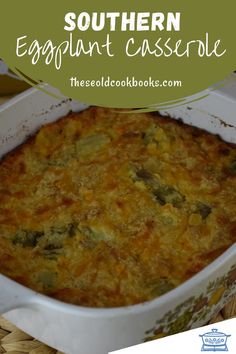 a casserole dish with broccoli and cheese in it on a wicker table