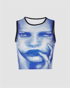 Details: Tank top with human face graphical print designTop Length: CroppedSleeve Length: SleevelessMaterials:95% Polyester + 5% Spandex Blue Graphic Print Tank Top For Spring, Spring Blue Graphic Print Tank Top, Fitted Sleeveless Top With Screen Print, Blue Printed Tops For Streetwear, Trendy Blue Tank Top For Streetwear, Blue Stretch Crop Top For Streetwear, Casual Blue Graphic Print Tank Top, Casual Blue Tank Top With Graphic Print, Blue Printed Sleeveless Top