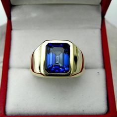 AAAA Created Blue Sapphire 10x8mm 4.69 Carats  Heavy 14K Yellow gold Emerald cut Mans Ring 15-16 gra Gia Certified Gold Sapphire Ring, Gia Certified Gold Sapphire Ring In 14k Gold, Mans Ring, Mens Ring Designs, Mens Designer Jewelry, Mens Gemstone Rings, Expensive Gifts, Mens Gold Rings, Tiffany Jewelry