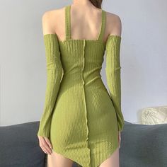 Y2k Aesthetic Halter Dress Green Solid Color Long Sleeve Ruched Bodycon Dresses Women Off Shoulder Party Clothes Long Sleeve Off Shoulder Dress, Ribbed Mini Dress, Ruched Bodycon Dress, Lace Bodycon Dress, Mini Dresses For Women, Spring Women, Women's Summer Fashion, Glamorous Evening Gowns, Bodycon Mini Dress