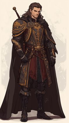 Admire the commanding presence of this magic character design male featuring a stoic warrior in dark armor adorned with golden details. Intricate designs suggest nobility and high status. A deep red surcoat adds richness, while a long dark cloak enhances his imposing figure. Resting a hand on his sword’s hilt, his serious expression exudes confidence. This image appeals to those drawn to magical characters and the woman warrior aesthetic, offering a striking background aesthetic. Beard Character Design, Warrior Character Design Male, Knight Armor Design Male, Woman Warrior Aesthetic, Magic Character Design, Stoic Warrior, Dark Cloak, Bearded Characters, Warrior Aesthetic