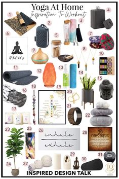 a poster with yoga items on it and the words, yoga at home inspires to work