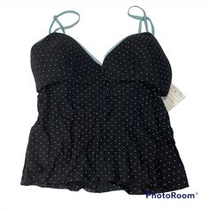 Brand New With Tag Black Mesh With Mint Swiss Dots Miss Binding Around Top Edge Adjustable Straps Padded Cup Sleeveless Polka Dot Tops For Vacation, Sleeveless Polka Dot Top For Beach, Fitted Polka Dot Tops For Beach, Casual Black Tankini For Spring, Summer Sleeveless Polka Dot Tankini, Polka Dot Sleeveless Summer Tankini, Polka Dot Sleeveless Tankini For Summer, Sleeveless Polka Dot Tankini For Summer, Black Vacation Tops With Built-in Bra