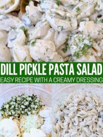 three plates with different types of pasta salads on them and the words dill pickle pasta salad easy recipe with creamy dressing